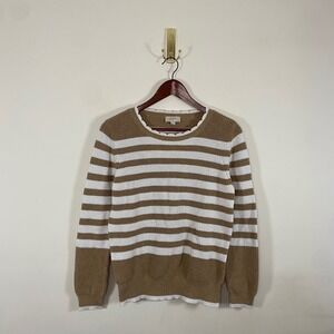 Loft Outlet Striped Knit Sweater White Tan Scalloped Hem Cotton Size Large